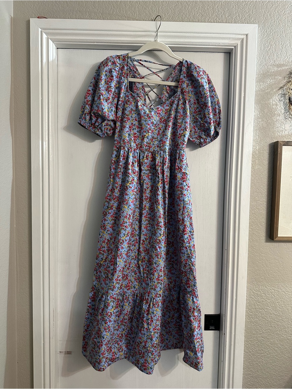 ASOS Light Blue Floral Puff-Sleeve Midi Dress